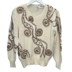 Vintage Christine Long Sleeve Sweater Beaded Embellished Cream Size M 80s 90s